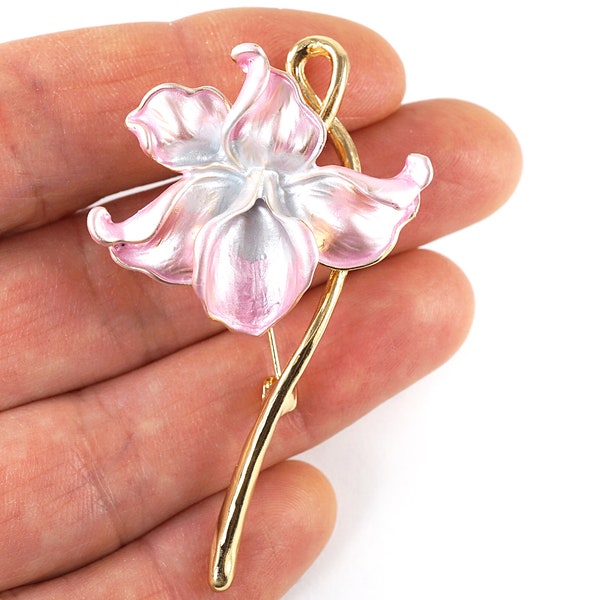 Pretty Pink Orchid Brooch, Metallic Enamel Pink Flower Pin, Art Nouveau Gold Flower Brooch, Vintage Botanical Plant Nature Inspired Jewelry