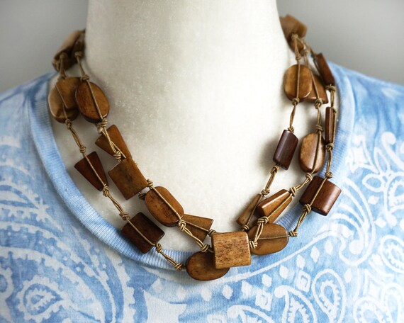 ox bone bead necklace string knotted Brown cord H… - image 4