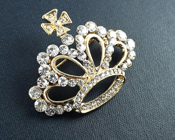 ON VACATION Gold Royal Crown Brooch, Crystal Rhin… - image 1