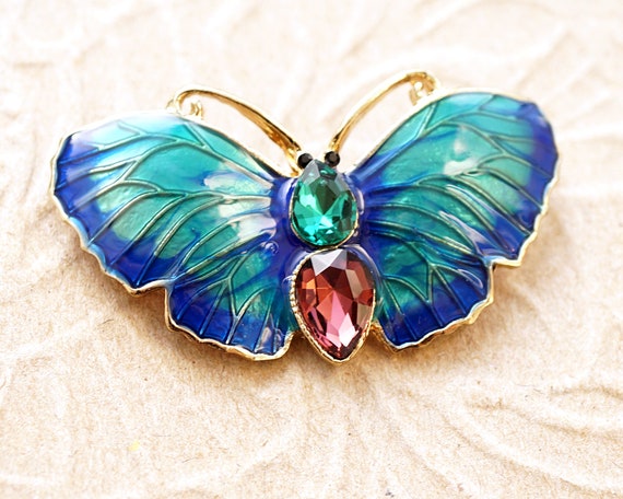 ON VACATION Jewel Blue Butterfly Brooch, Gold But… - image 1
