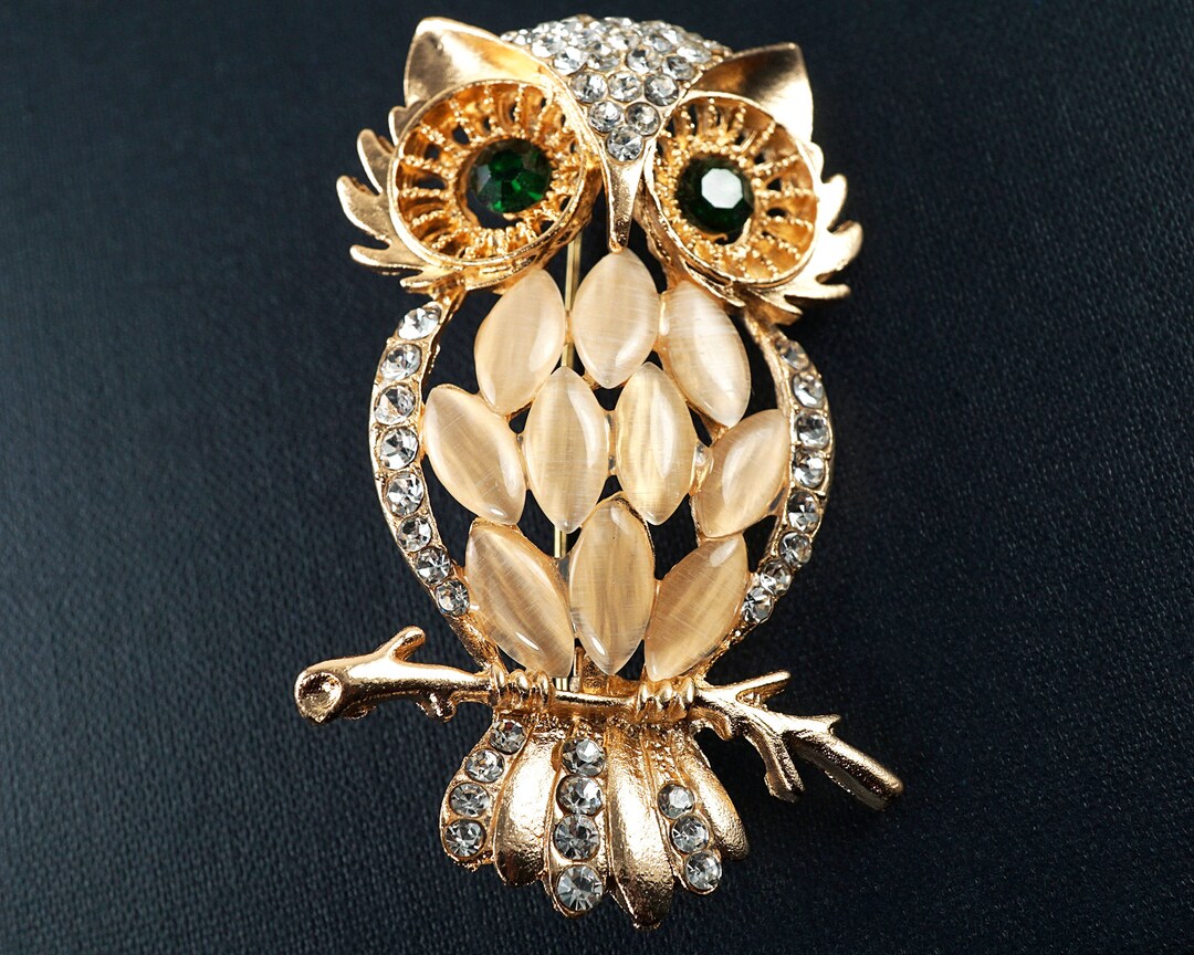 Gold Owl Brooch Peach Pink Owl Pin Green Rhinestone Eyes School Graduation Student Teacher Gift Shawl Scarf Pin Etsy Australia
