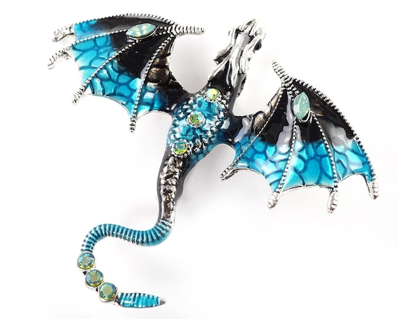 ON VACATION Blue Dragon Brooch, Silver Flying Dra… - image 2