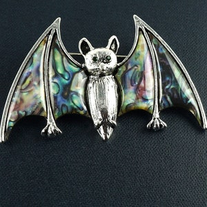 Faux Abalone Bat Brooch, Silver Bat Pin, Green Rhinestone Eyes, Brooch Pendant for Necklace, Vintage Halloween Jewelry