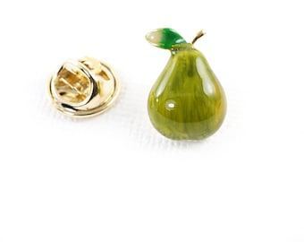 ON VACATION Tiny Green Pear Brooch, Small Fruit Pin, Enameled Lapel Pin Tie Tack Pin with Clutch Back, Vintage Brooch