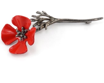 ON VACATION Red Poppy Brooch, Red Flower brooch, Antique brooch, Enamel Flower Jewelry, Vintage Brooch, Remembrance Day Poppy