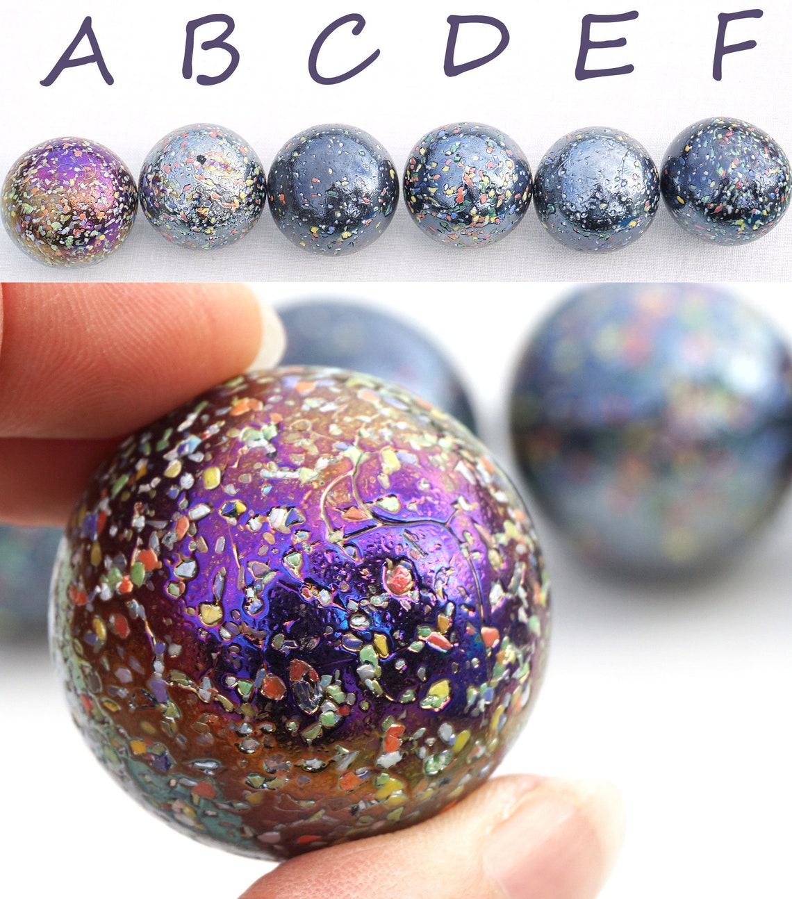 Big Vintage German Glass Marble 36mm Iridescent Black Speckled Marble ...