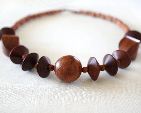 Vintage Jewelry Retro 70s Necklace Exotic Wood Chunky Necklace