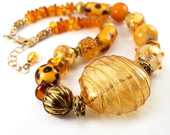 ON VACATION Statement Necklace Unique Artisan Hollow Glass Beads Honey Gold Caramel Orange Yellow Mixed Large Beads Vintage Jewelry