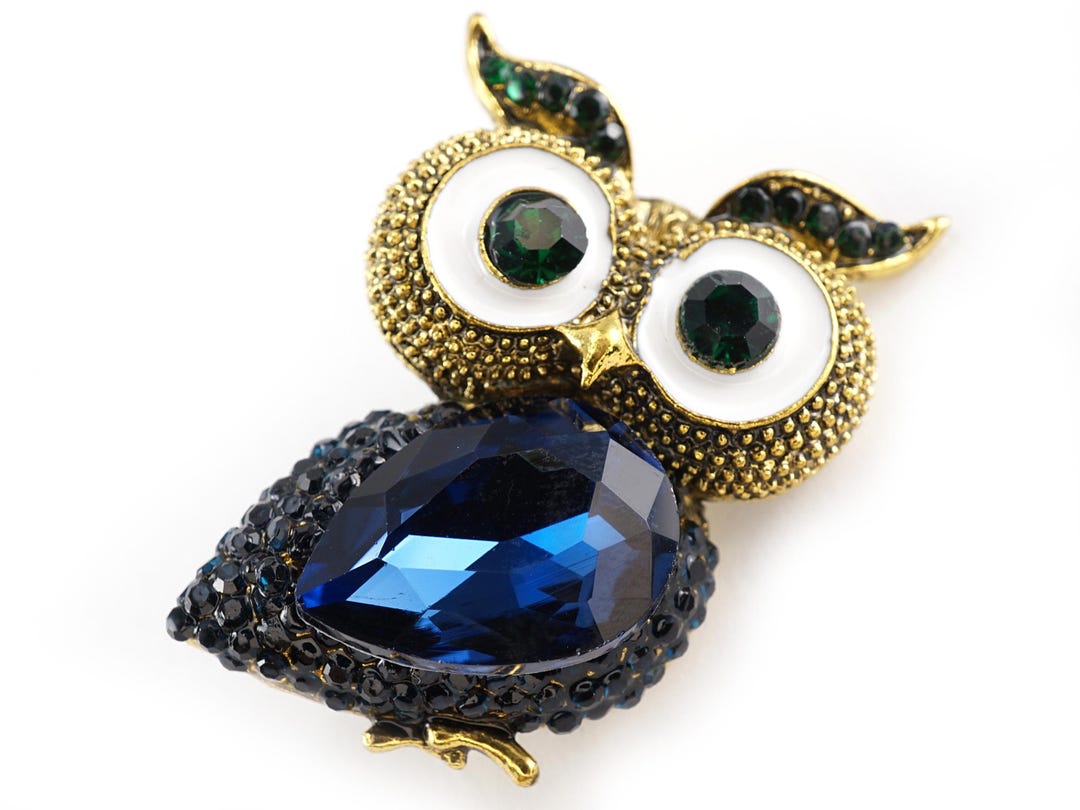Broche Fantaisie Hibou Doré Avec Oxydes De Verre Bleu-vert - Poids 15 Grammes - Réf. 45 W1290 - Occasion
