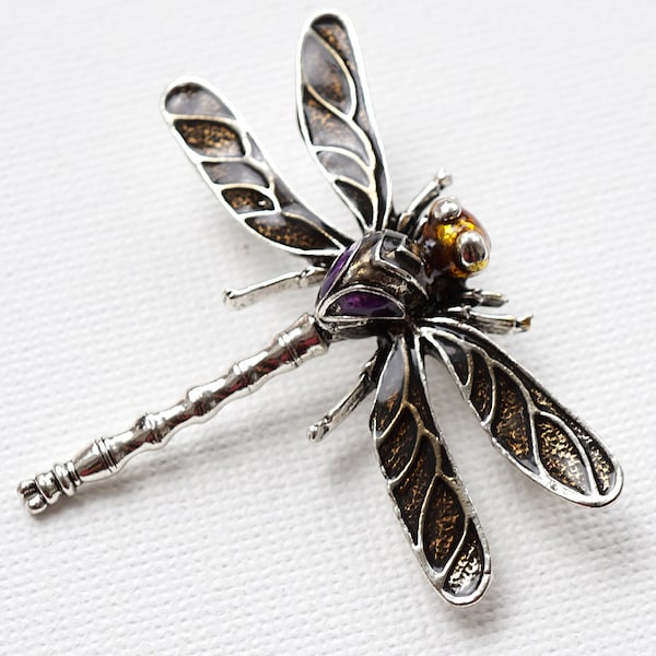 Silver Dragonfly Brooch, Vintage Jewelry, Enamel Wings Insect Pin