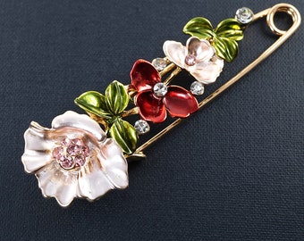 ON VACATION Vintage Gold Safety Pin Brooch, Pink Red Green Flowers, Tiny Rhinestones, Long Shawl Pin, Large Geometric Art nouveau Jewelry