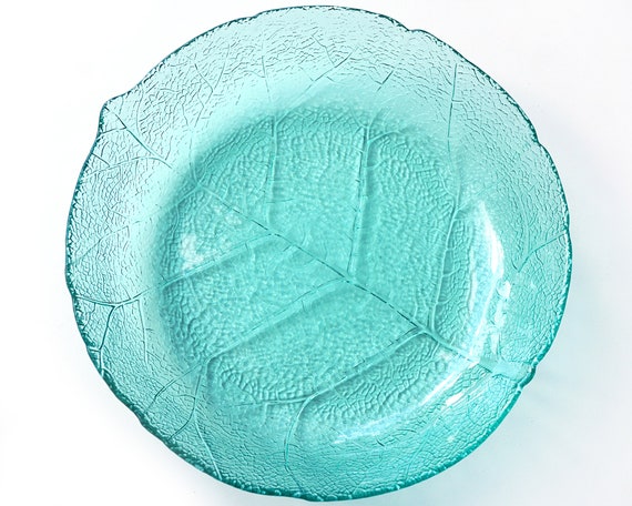 Teal Green Plant Glass Plate, Round Bowl With Leaf Vein Detailed Texture,  Vintage Pressed Glass Dish Spring Kitchen Decor 