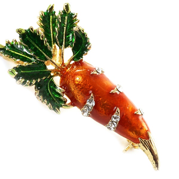 ON VACATION Small Carrot Brooch, Orange Green Enameled, Tiny Rhinestone Pin, Vegetable Gift, Vintage Brooch Nature Inspired Jewelry