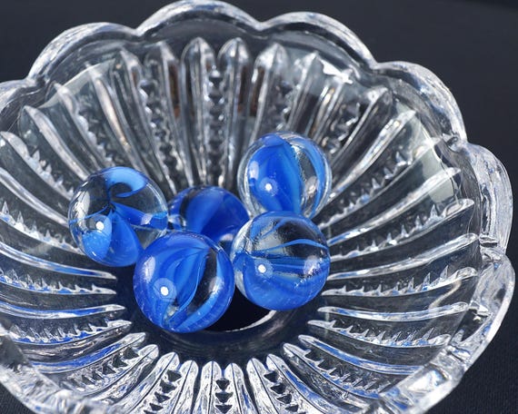 Vintage Vitro Agate Glass Marble, Clear With Dark Blue Vane Marble