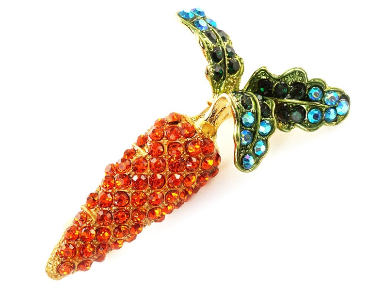 ON VACATION Orange Carrot Brooch, Rhinestone Pin, Antique Gold brooch, Vegetable Gift, Vintage Brooch Nature Inspired Jewelry image 1