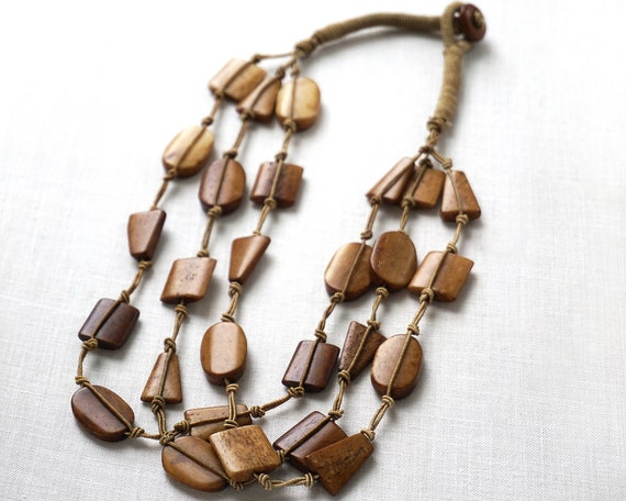 ox bone bead necklace string knotted Brown cord H… - image 7