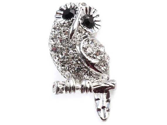 Tiny Silver Owl Brooch, Small Rhinestone Crystals… - image 1