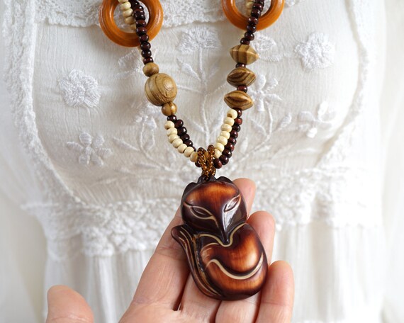 Collier Vintage En Bois Ethnique Peint - Bijou Occasion - Fabriqué En France - Sans Marque