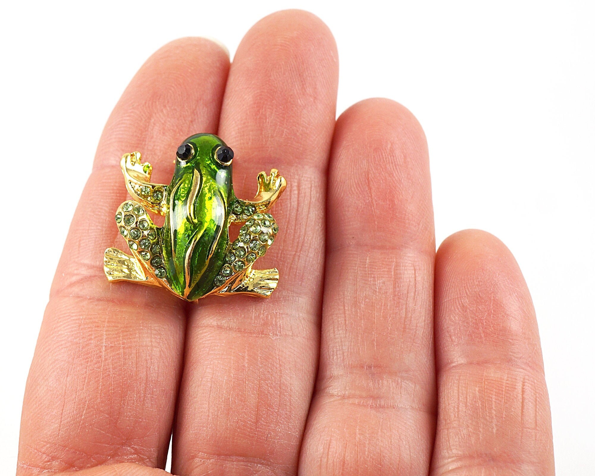 Tiny Green Frog Brooch Vintage Gold Frog Pin Tiny Rhinestone