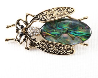 ON VACATION Large Abalone Insect Brooch, Golden Fly Brooch, Crystal Bug Brooch, Big Vintage Green Beetle Pin, Rhinestone Crystals