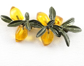 ON VACATION Yellow Lemon Fruit Brooch, Metallic Green Plant Pin, Vintage Retro Lucite Brooch Pin Botanical Nature Inspired Jewelry