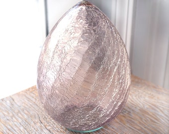 Large Pink Crackle Glass Egg 7.5 inches high, Vintage Hand Blown Glass Egg Art, Pastel Blush Pink Easter decor