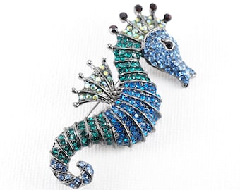 Large Blue and Green Crystal Seahorse Brooch, Big Vintage Brooch Pin, Rhinestone Brooch Dark Silver