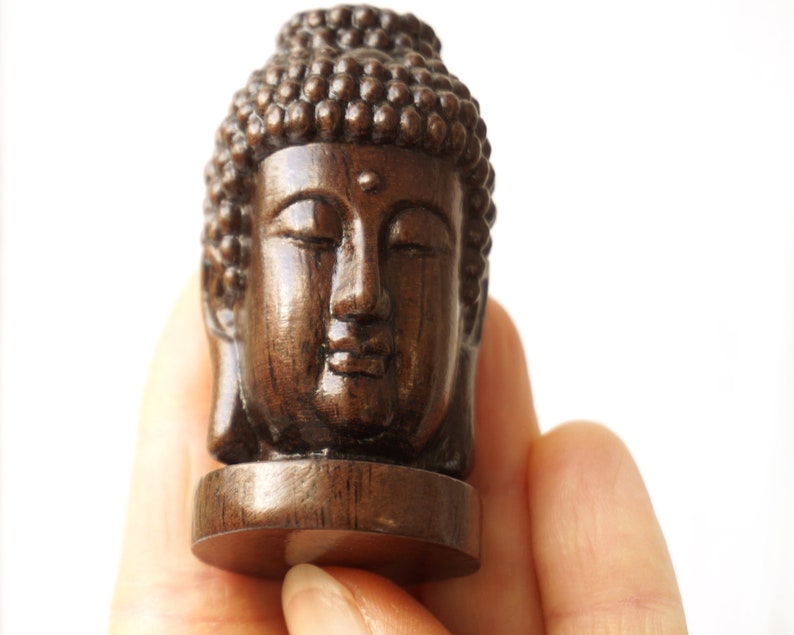 ON VACATION Small Wooden Buddha Head Statue, Tiny Wood Carving of Buddha Face, meditation Home Decor, Minimalist Modern Vintage image 5