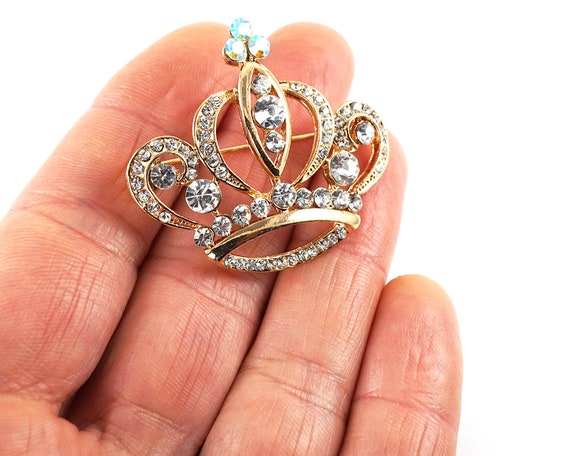 ON VACATION Gold Royal Crown Brooch, Crystal Rhin… - image 3