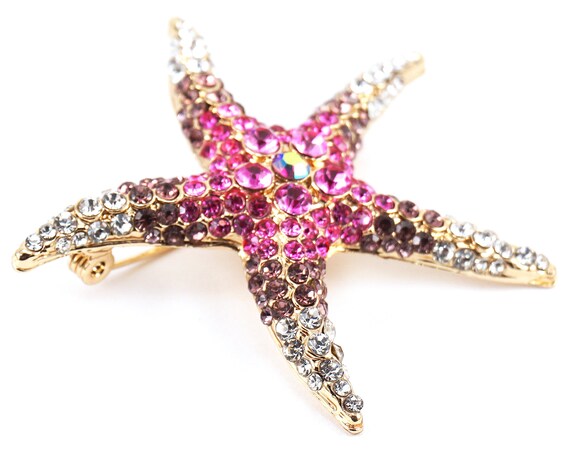 ON VACATION Gold Starfish Brooch, Large Pink Sea … - image 3