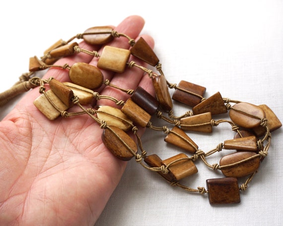 ox bone bead necklace string knotted Brown cord H… - image 6