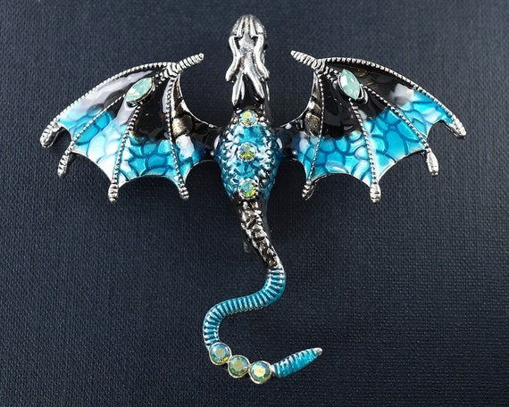 ON VACATION Blue Dragon Brooch, Silver Flying Dra… - image 3