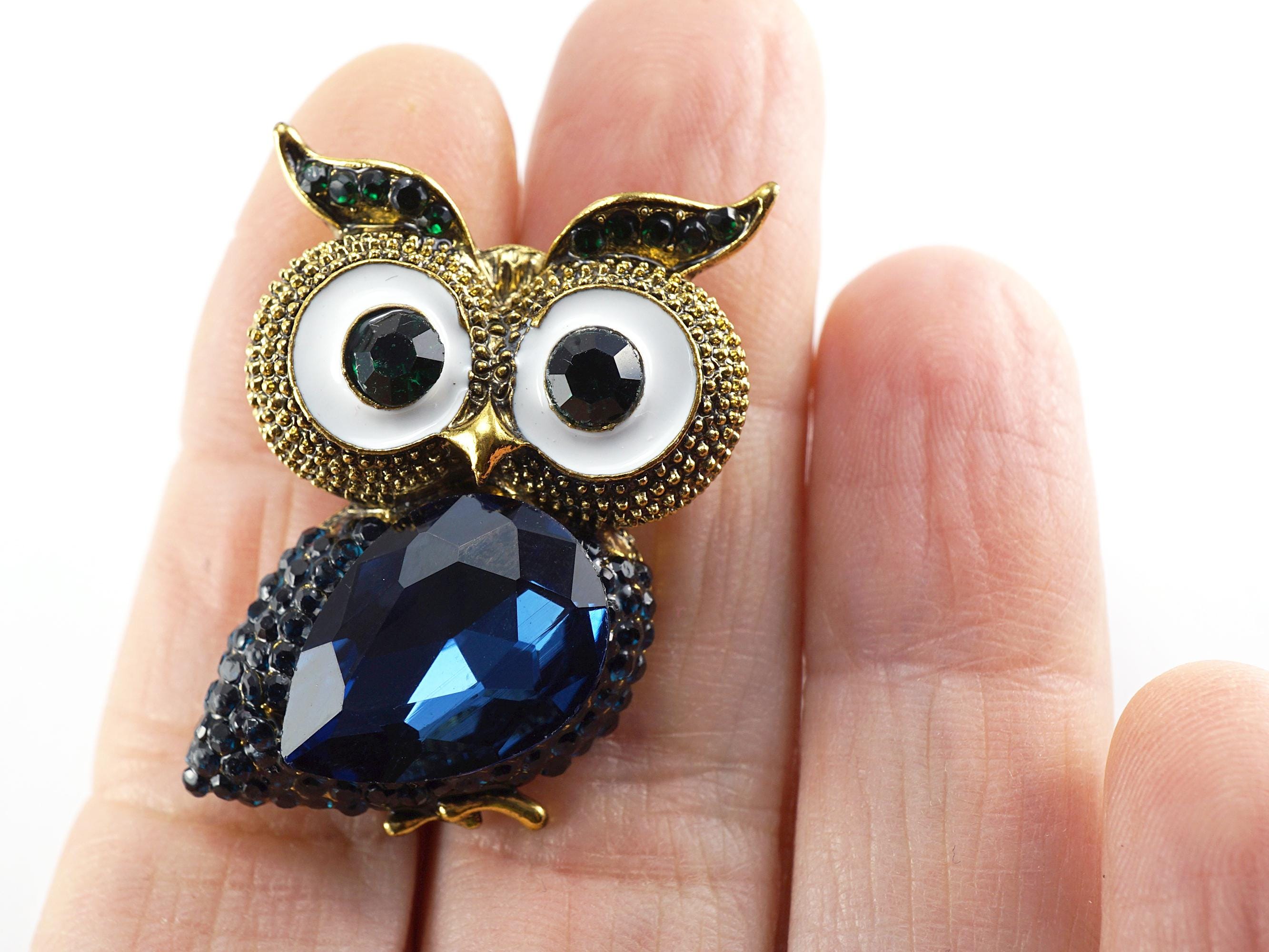 Broche Fantaisie Hibou Doré Avec Oxydes Verre Bleu-vert - Poids 15g - Modèle W1290 - Occasion