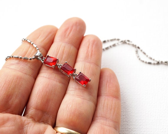 Red Rhinestone Rectangle Charm necklace, Delicate… - image 3