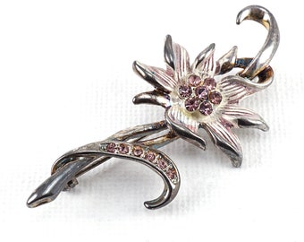 ON VACATION Vintage Flower Brooch Pin, Old Oxidized Silver Botanical Pin, Pink Rhinestone Crystals