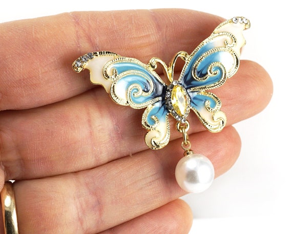 Blue Butterfly Brooch, White Pearl Dangle, Vintage Rhinestone Crystal Butterfly Pin, Enamel Insect Brooch, Gold Pin