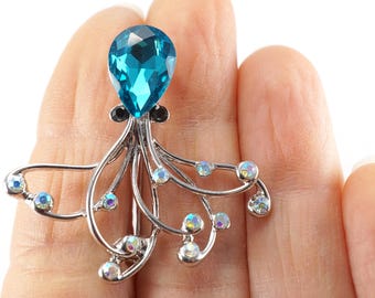Ozeanblaue Oktopus-Anstecknadel, Vintage-Oktopus-Brosche, Strandschmuck aus Silber mit Strasssteinen