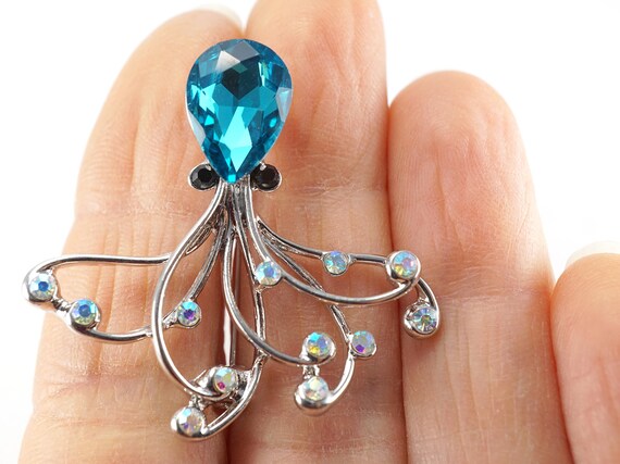 Ocean Blue Octopus Pin, Vintage Octopus Brooch, Silver Rhinestone Beach Jewelry