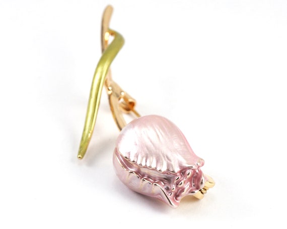 Spilla a forma di tulipano rosso, piccolo gioiello in smalto con fiore in oro rosa, spilla vintage, spilla da sposa rosa botanico, fiore all'occhiello - Italia