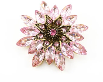 ON VACATION vintage Pink Crystal Flower Brooch, Marquise Crystal Rhinestone Pin