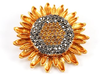 ON VACATION Fancy Rhinestone Sunflower Brooch, Yellow Flower Enamel Jewelry, Vintage Gold Brooch Pendant Loop on the back