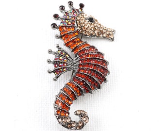 Large Red and Pink Crystal Seahorse Brooch, Big Vintage Brooch Pin, Rhinestone Brooch