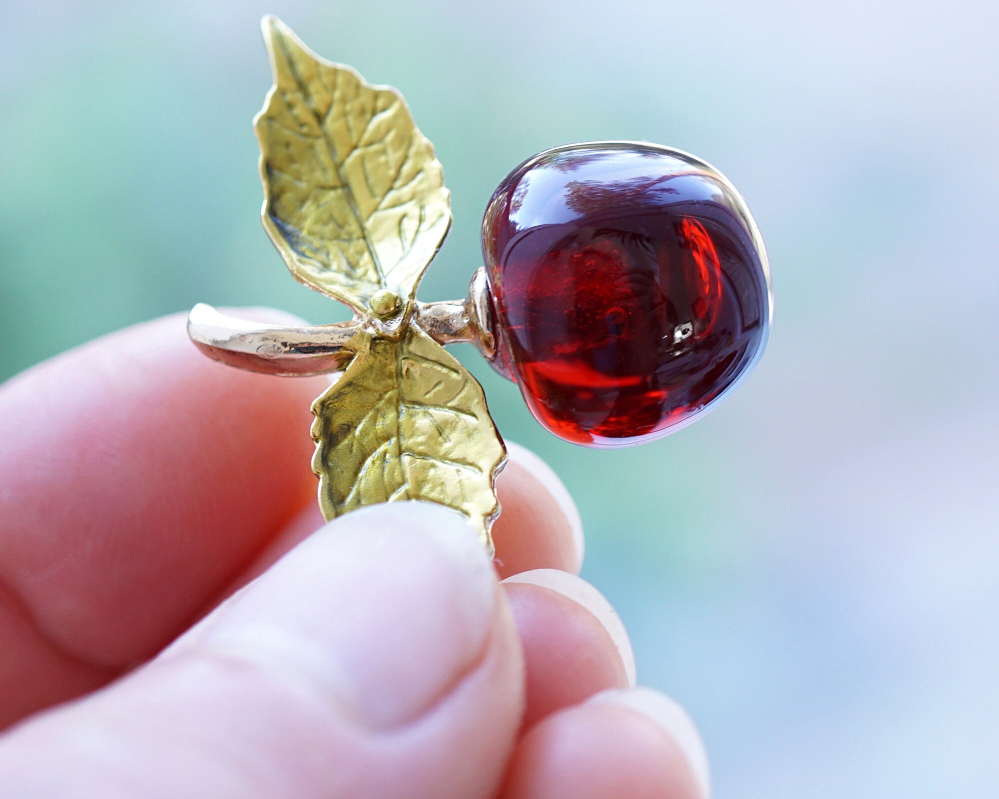 Exquisite Red Cherry Brooch, Metallic Green Leaves and Glass Berry