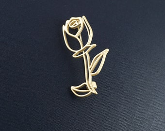 ON VACATION Minimal Flower Brooch, Mate Gold Rose Pin, Antique Vintage Brooch, Line Drawn Hollow Flower Botanical Brooch
