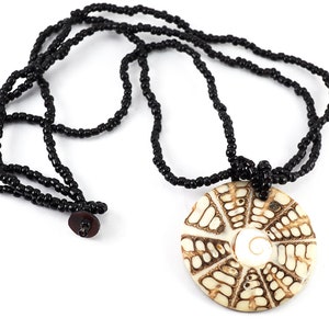 Round Shell Pendant Necklace, Earthy Black Multi Strand Necklace Tribal Festival Hippie Ethnic Boho Bohemian medallion