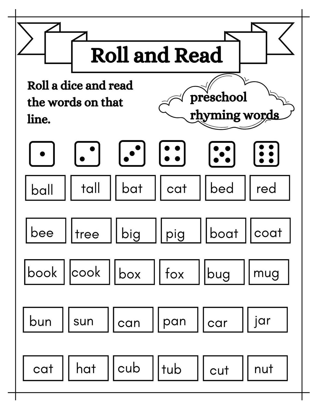 2 printable roll and read worksheets preschool rhyming words activity