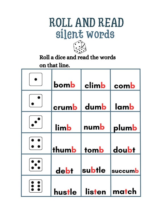 7 Printable Roll and Read Silent Letters Worksheets Language - Etsy