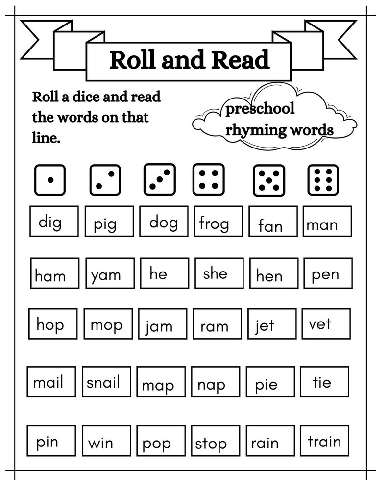 2 printable roll and read worksheets preschool rhyming words activity