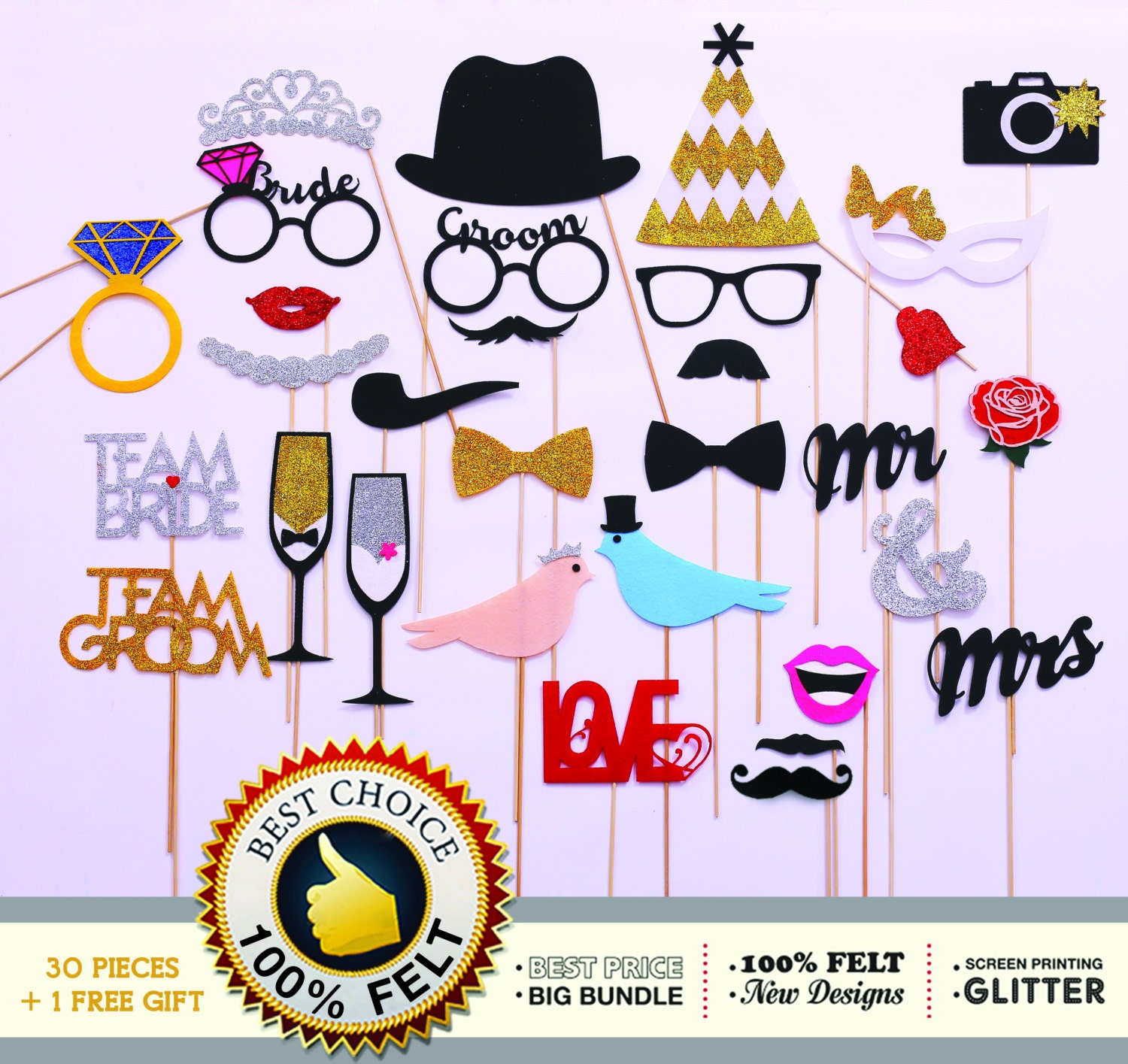 30 piece Bridal Shower Photo Booth Props. FELT and GLITTER Etsy