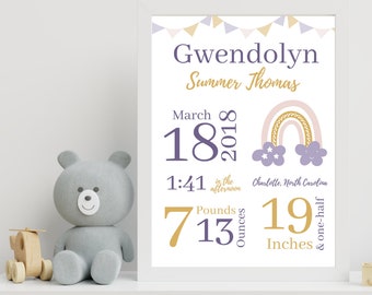 Baby Girl Birth Stats Sign | Birth Announcement Print | Rainbow Nursery Art Print | Personalized Baby Gift | Baby Girl Nursery Art